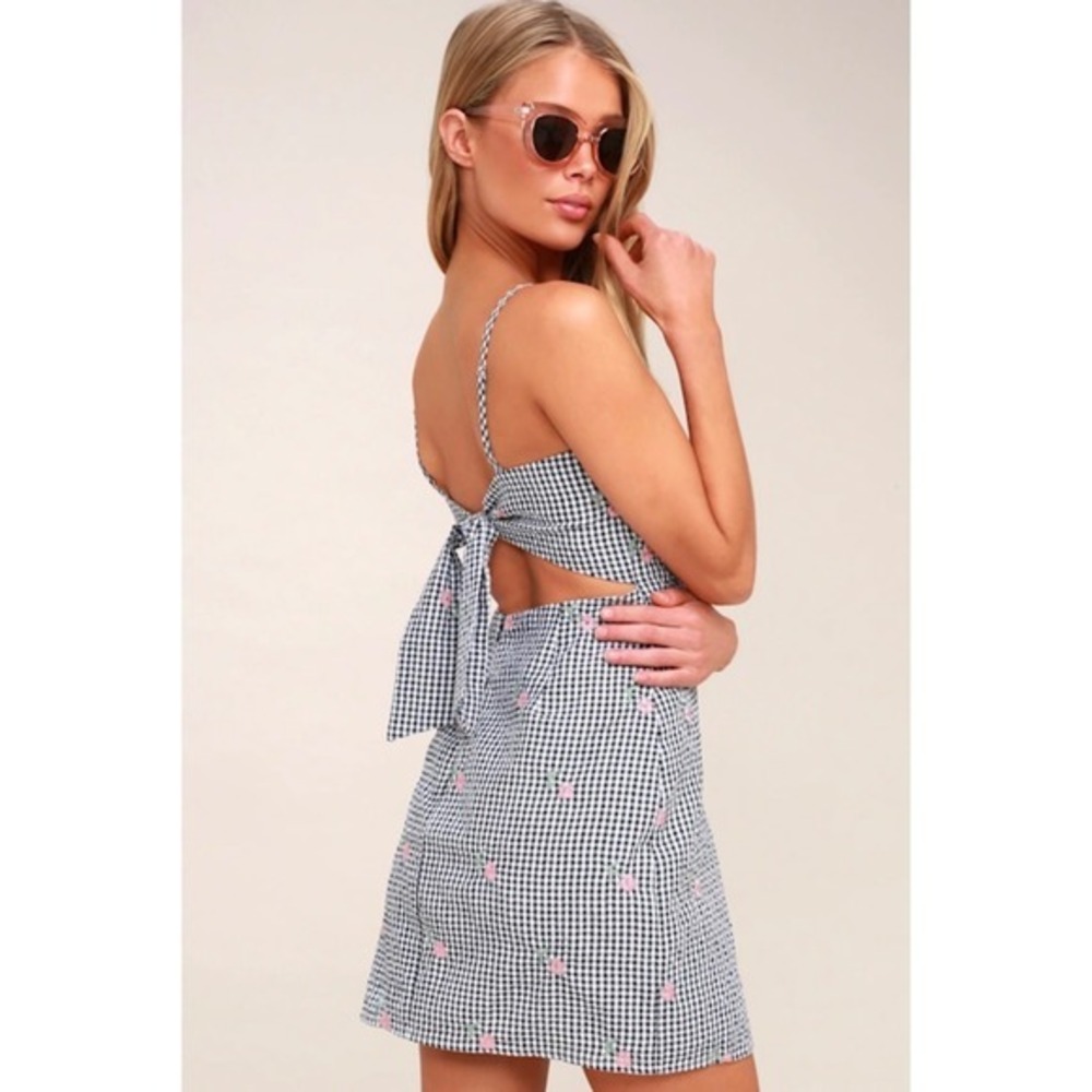Lulus Fairgrounds Gingham Floral Mini Dress S Black White Tie Back‎ Embroidered